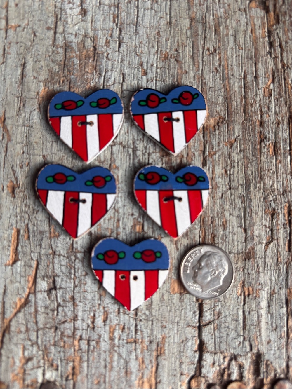 Vintage Heart-Shaped Red & White Striped wooden Buttons with Blue Top